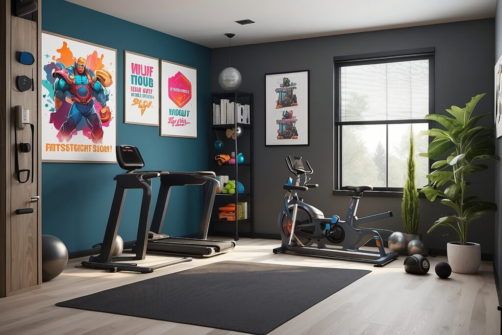 A modern home gym with a treadmill, stationary bike, and various workout equipment. The room has a dark blue accent wall with motivational fitness posters, a bookshelf holding small weights and exercise accessories, and a large window allowing natural light. A black exercise mat is placed on the floor, and kettlebells, dumbbells, and a stability ball are neatly arranged in the space. A tall green plant adds a touch of nature to the well-organized gym.